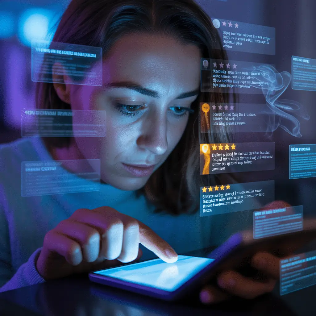 Woman researching real psychic reviews on her phone while searching for a trusted psychic reading near her, surrounded by glowing digital ratings and testimonials.