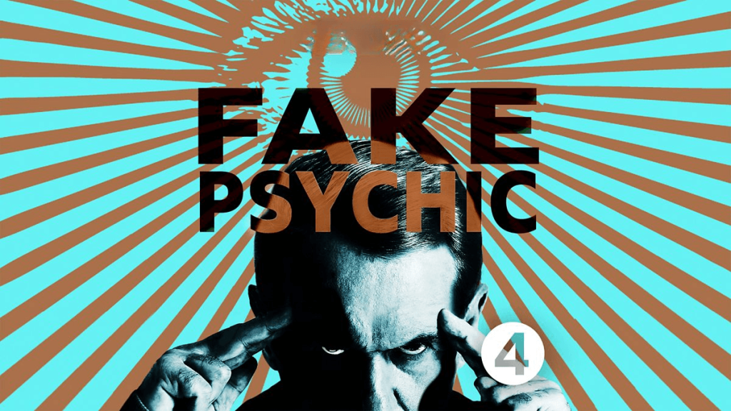 Illustration of a man posing as a psychic with the words “Fake Psychic” over a radiating eye background, symbolizing deceptive psychic readings.